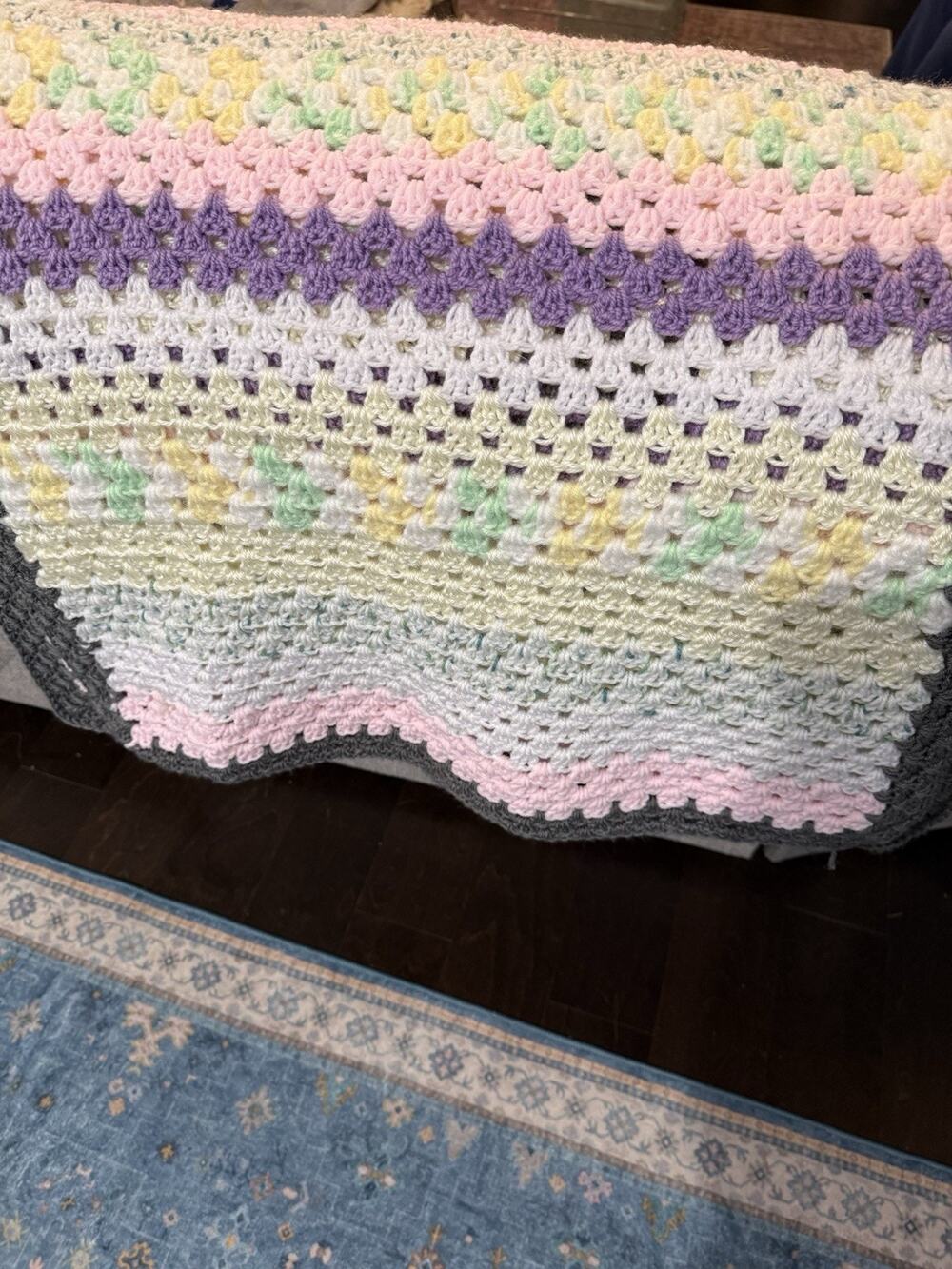 Handmade Crochet Afghan Throw Blanket 62x26 Pastel Granny Stitch Vintage Style